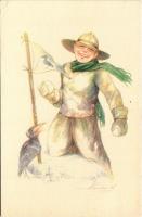 A cserkész vidám. Cserkész hógolyóval télen. A Magyar Cserkészszövetség kiadása, Globus Budapest / Hungarian boy scout art postcard, scout with snowball in winter s: Márton L. (EK)