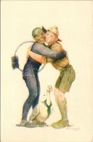 A cserkész minden cserkészt testvérének tekint. Cserkész kéményseprővel és libával. A Magyar Cserkészszövetség kiadása, Globus Budapest / Hungarian boy scout art postcard, scout with chimney sweeper and goose s: Márton L.