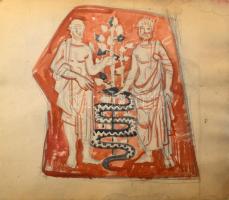 Pleidell János (1915-2007): Üvegablak vagy falképterv bibliai jelenettel (máriaremetei templom?). Akvarell, ceruza, karton, jelezve jobbra lent. 43x50 cm.