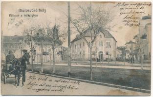 1912 Marosvásárhely, Targu Mures; Villasor a Trébelyben, lovaskocsi. Porjes S. Sándor kiadása / street view, villas, horse-drawn carriage (ázott / wet damage)