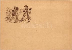 Cserkész művészlap, síelés / Hungarian boy scout art postcard, skiing, winter sport s: Márton L. (EK)