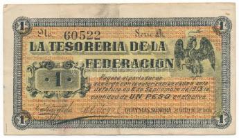 Mexikói államok / Sonora / Guaymas 1914. 1P "La Tesorería de la Federación" helyipénz "B 60522" T:F, szép papír Mexican states / Sonora / Guaymas 1914. 1 Peso "La Tesorería de la Federación" local money "B 60522" C:F, fine paper Krause P#S1060