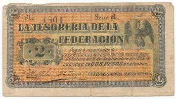 Mexikói államok / Sonora / Guaymas 1914. 2P "La Tesorería de la Federación" helyipénz "A 1801" T:F,VG Mexican states / Sonora / Guaymas 1914. 2 Pesos "La Tesorería de la Federación" local money "A 1801" C:F,VG Krause P#S1061