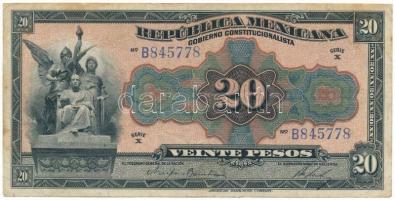 Mexikói államok / Mexikói Szövetségi Kerület 1915. 20P "Gobierno Constitucionalista" helyipénz, "B845778" T:F, szép papír Mexican states / Federal District of Mexico 1915. 20 Pesos "Gobierno Constitucionalista" helyipénz, "B845778" C:F, fine paper Krause P#S687