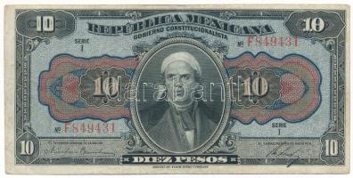 Mexikói államok / Mexikói Szövetségi Kerület 1915. 10P "Gobierno Constitucionalista" helyipénz, "F849431" T:F, szép papír Mexican states / Federal District of Mexico 1915. 10 Pesos "Gobierno Constitucionalista" helyipénz, "F849431" C:F, fine paper Krause P#S686a