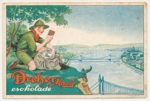 Dreher Maul csokoládé reklámlapja, cserkész a Gellért-hegyen. Piatnik Rt. / Hungarian chocolate advertisement card with boy scout (fa)