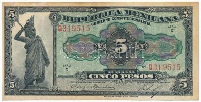 Mexikói államok / Mexikói Szövetségi Kerület 1915. 5P "Gobierno Constitucionalista" helyipénz, "Q319515" T:F, hullámos- de szép papír Mexican states / Federal District of Mexico 1915. 5 Pesos "Gobierno Constitucionalista" helyipénz, "Q319515" C:F, wavy- but fine paper Krause P#S685
