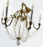 cca 1920/40 Hatágú csillár, üveg prizmasorokkal, tejüveg gyertyákkal, sérüléssel, d: 60 cm, m: 55 cm /// KIZÁRÓLAG SZEMÉLYES ÁTVÉTEL, NEM POSTÁZZUK! / ONLY PERSONAL COLLECTION AT OUR OFFICE