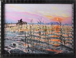 Witkovszky Erika (1937-): Balatoni horgász. Olaj, farost, jelezve jobbra lent. Dekoratív, kissé sérült fakeretben. 28,5x38 cm.