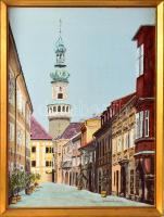 Witkovszky Erika (1937-): Soproni részlet a Tűztoronnyal. Olaj, farost, jelezve jobbra lent. Dekoratív fakeretben. 47x37,5 cm.