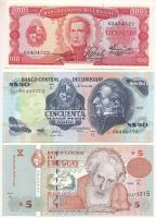 Uruguay DN(1967) 100P + DN(1989) 50P + 1998. 5P T:AU, közte egy XF Uruguay ND(1967) 100 Pesos + ND(1989) 50 Nuevo Pesos + 1998. 5 Pesos Uruguayos C:AU, including an XF Krause P#47, P#61A, P#80