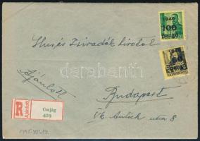 1945.12.19. (5. díjszabás) Ajánlott levél Kisegítő 60P/18f + 100P/12f bérmentesítéssel, Csajágról Budapestre