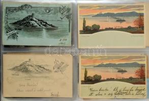 TIHANY - hatalmas RÉGI képeslap gyűjtemény Bantex 4-részes képeslap tokokban, lefűzhető gyűrűs mappába rendezve: 61 db 1918 előtti (közte lithok), 216 db 1918 utáni lappal, nyomási változatokkal, nagyon szép anyag! / Enormous pre-1945 postcard collection from the Hungarian town Tihany (lake Balaton), with lithos, in a modern album