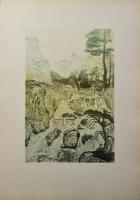 Tuka László (1924-2007): Hegyi patak. Színes rézkarc, papír, jelzett. 41x27 cm