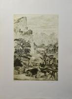 Tuka László (1924-2007): Hegyi táj. Színes rézkarc, papír, jelzett. 39,5x25,5 cm