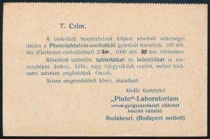 1915 Budakeszi, a Pluto-laboratórium gyógyszerészeti cikkeket készítő vállalat ismertetője a Phenolphtalein-csokoládé gyártásáról