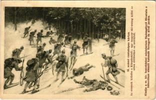 1916 18. számú csataképes kártya. Az oroszok kiűzése a Kárpátokból: egy magyar ski osztag kiűzi az orosz előőrsöket az erdőkből. Kiadja a M. kir. Honvédelmi Minisztérium Hadsegélyező Hivatala / WWI Austro-Hungarian K.u.K. military, skiing soldiers chase the Russian soldiers out of the woods s: M. Ledeli (fa)