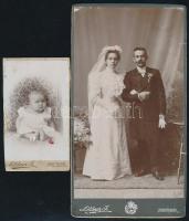 cca 1900 Házaspár esküvői portréja és babafotó, 2 db keményhátú fotó Mildner dunaföldvári műterméből, sérülésekkel, 20×10,5 és 11×6 cm