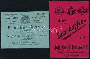 Sparkaffee és Elefánt-kávé reklámcímkék, 15×10 és 12,5×9,5 cm