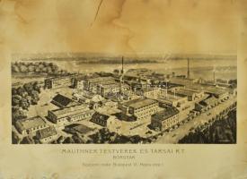 cca 1930-1940 Mauthner Testvérek és Társai R. T. Bőrgyár nagyméretű reklámnyomtatványa a gyár látképével, viseltes állapotban, sérülésekkel, ázásnyomokkal, 41,5x57 cm
