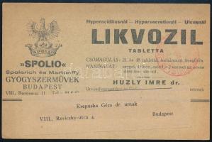 "Spolio" Spolarich és Martonffy Gyógyszerművek meghívója Likvozil tabletta reklámjával