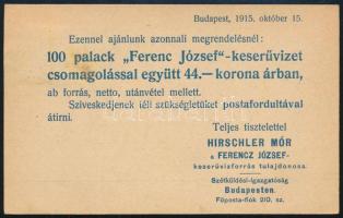 1915 Bp., Vételre ajánlott Ferenc József keserűvíz, kétoldalas nyomtatvány