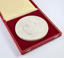 Meissen porcelán plakett "Soha többé fasizmust" felirattal, jelzett, díszdobozban, d: 15 cm