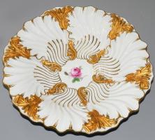 cca 1920 Meissen "Rokokó" asztalközép kínáló, festett rózsa mintával, jelzett, egy helyen restaurált, d: 28 cm