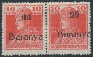 Baranya 1919 Károly 10f pár, az egyik antikva számokkal, Bodor vizsgálójellel