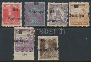 Baranya 1919 6 db bélyeg elcsúszott felülnyomattal, Bodor vizsgálójellel