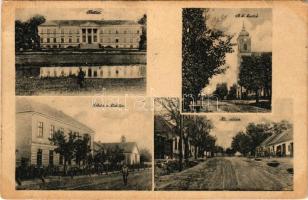 1924 Alsókorompa, Dolná Krupá; Kastiel, R. k. kostol, Skola a klástor, Hl. ulica. Diamant / mozaiklap 4 képpel: kastély, iskola, utcakép, római katolikus templom / castle, school, street view, Roman Catholic church (EK)