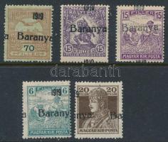 Baranya 1919 5 db bélyeg elcsúszott felülnyomattal, Bodor vizsgálójellel