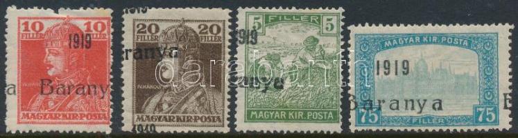 Baranya 1919 4 db bélyeg elcsúszott felülnyomattal, Bodor vizsgálójellel (1 bélyegen szakadás / tear)