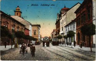 1917 Miskolc, Széchenyi utca, két villamos. Orosz Ferenc kiadása (fl)