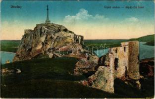 Dévény, Theben a. d. Donau, Devín (Pozsony, Bratislava); Árpád szobor. Vasúti levelezőlapárusítás 3. sz. - 1915. / Das Arpad-Monument / monument (tűnyomok / pinmarks)