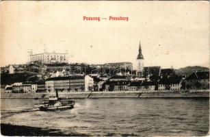 1908 Pozsony, Pressburg, Bratislava; látkép a Duna-partról, vár, gőzhajó / Totalansicht von der Donauseite / Danube riverside with steamships, castle (EB)