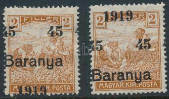 Baranya 1919 Arató 2 db 2f elcsúszott felülnyomattal, Bodor vizsgálójellel