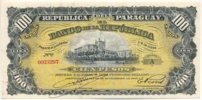 Paraguay 1907. 100P / 10P "Moneda Nacional", "0023297". Szign.: "M. Viveros" &amp; "E. Prous" T:AU,XF, hajtatlan, enyhén hullámos papír, sarokhajlás Paraguay 1907. 100 Pesos / 10 Pesos Oro "Moneda Nacional", "0023297". Sign.: "M. Viveros" &amp; "E. Prous" C:AU,XF, unfolded, slightly wavy paper, folded corner Krause P#159