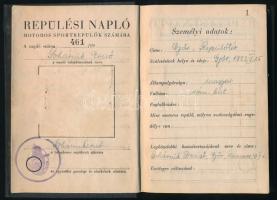1940 Repülési napló motoros sportrepülők számára, fénykép nélkül, több oldalnyi bejegyzéssel