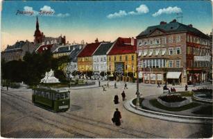 1917 Pozsony, Pressburg, Bratislava; Sétatér, villamos, Kern Endre üzlete, vár / promenade, tram, shops, castle (EK)