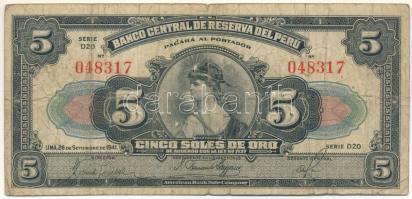Peru 1941. 5S "D20 048317" T:VG Peru 1941. 5 Soles de Oro "D20 048317" C:VG Krause P#66A