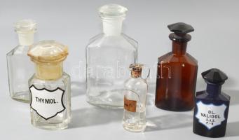 6 darab antik patikai üveg, közte kékszínű, közte sérüléssel, m: 16 cm alatt