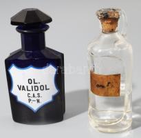 6 darab antik patikai üveg, közte kékszínű, közte sérüléssel, m: 16 cm alatt