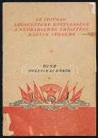 Az ifjúság legszentebb kötelessége a néphadsereg erősítése, hazánk védelme. DISZ politikai körök 9. (Bp., 1951), Dolgozó Ifjúság Szövetsége Központi Vezetősége Agitációs Propaganda Osztály, 30+(2) p. Kiadói tűzött papírkötés, kissé viseltes, sérült borítóval, ex libris-szel.