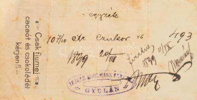 1899 Fiumei Cacao- és Csokoládé-Gyár számolócédula, kissé viseltes, kitöltött
