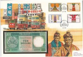 Hongkong 1986. 10D borítékban, alkalmi bélyeggel és bélyegzésekkel T:UNC Hong Kong 1986. 10 Dollars in envelope with stamps C:UNC