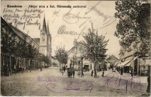 1916 Komárom, Komárno; Nádor utca, Szentháromság szobor, üzletek. L. H. Pannonia kiadása / street view, Holy Trinity statue, shops + "1916. dec. 30. IV. Károly király koronázása napján Budapest" So. Stpl. (fl)
