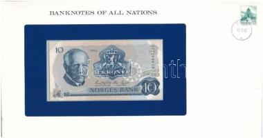 Norvégia 1982. 10K felbélyegzett "Banknotes of all Nations" bankjegyes borítékban, bélyegzéssel T:UNC Norway 1982. 10 Kroner in "Banknotes of all Nations" banknote envelope with stamp and cancellation C:UNC