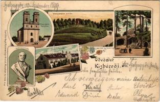 1899 Kisbér, Wenckheim emlék, Római katolikus templom, Kozma emlékmű, Pokol-domb, Törzsmén istálló. Carl Otto Hayd Kunstverlags-Anstalt München No. 1428. Art Nouveau, floral, litho (ázott sarok / wet corner)