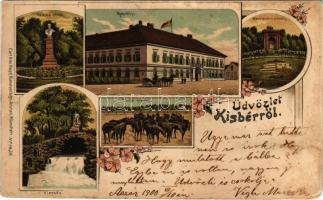 1900 Kisbér, Kozma és Wenckheim emlék, Ménesparancsnokság kastély, Pulai ménes, vízesés. Carl Otto Hayd No. 1429. Art Nouveau, floral, litho (EM)